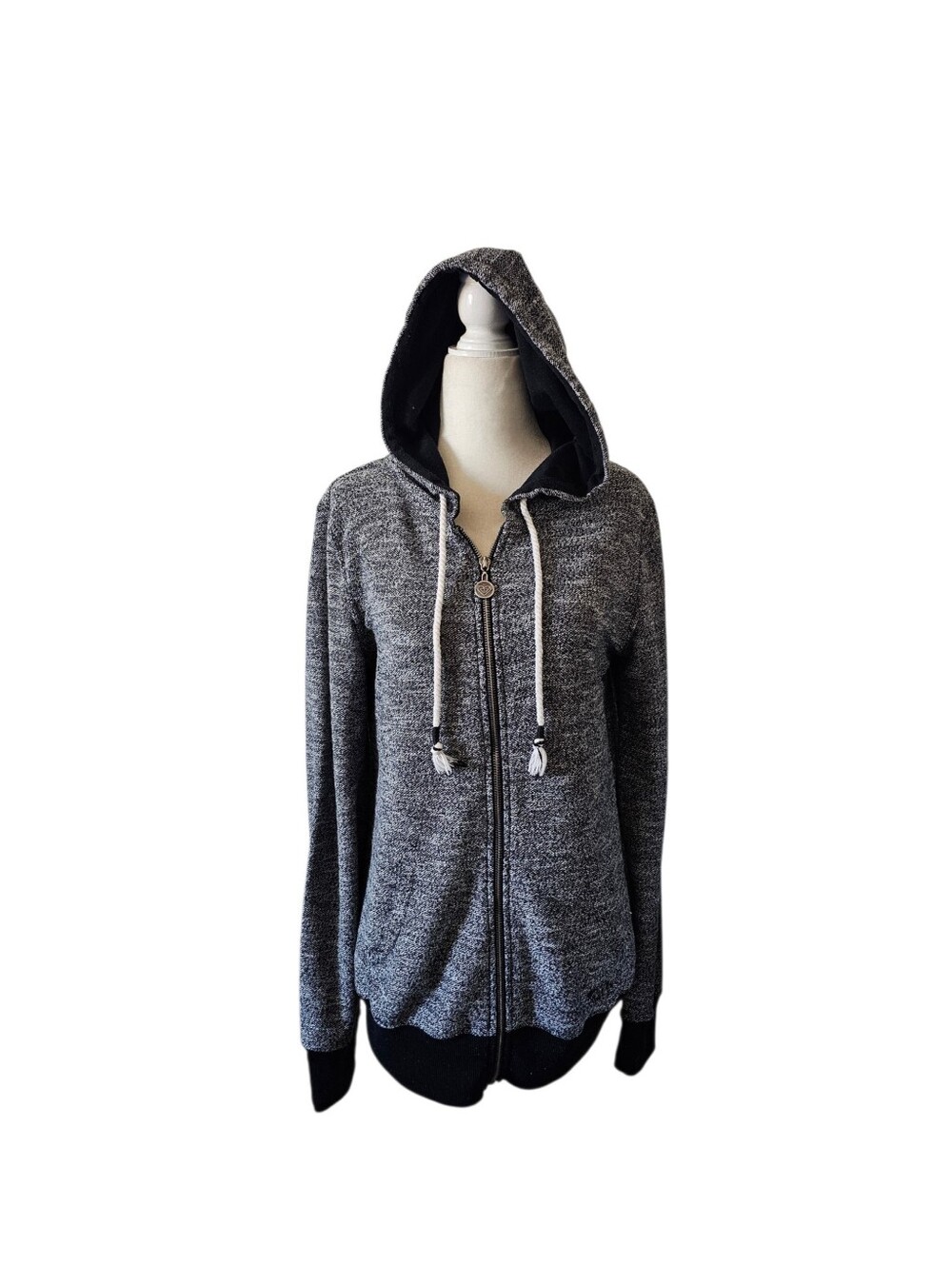 Roxy Womens Full Zip Hoodie Sweatshirt Large Black White Marled Knit Graphic